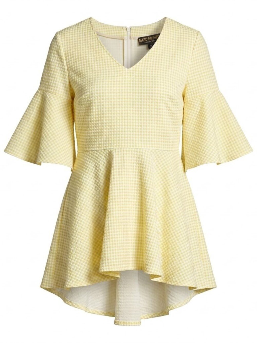 Marc Bouwer Yellow Gingham Peplum Top M Ruffle Tiered Hi-Low Coquette Blouse